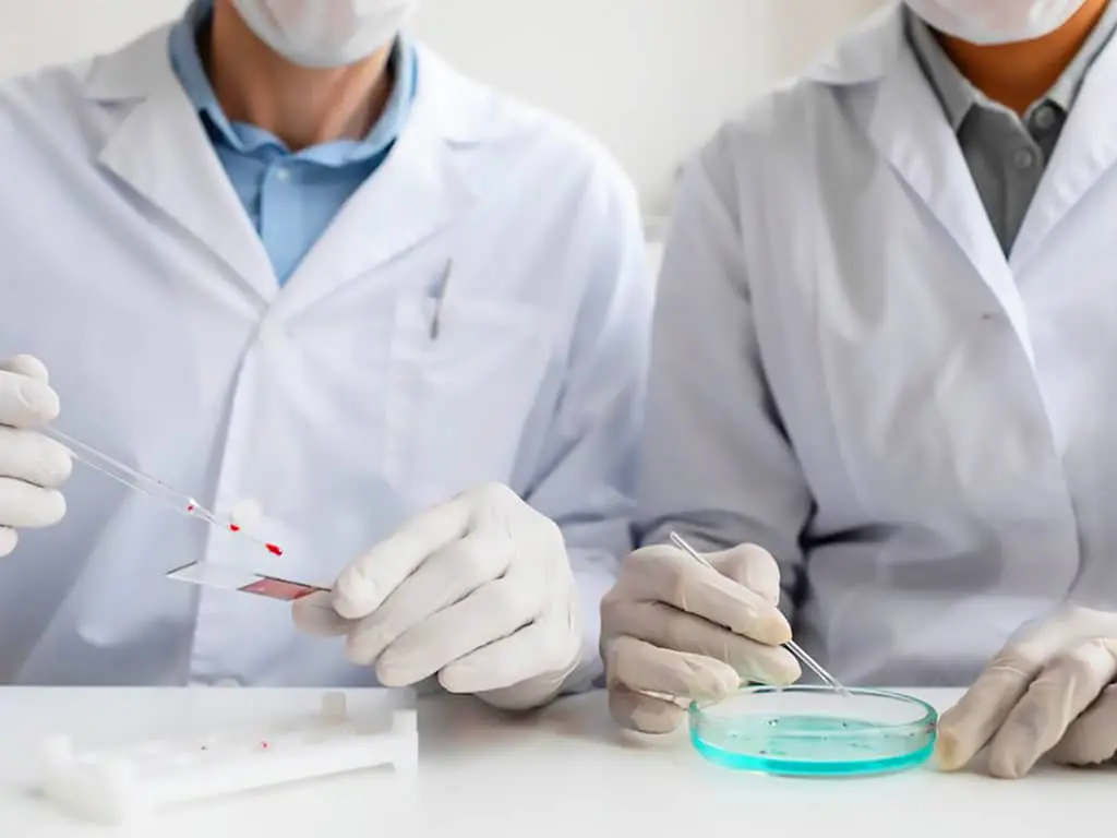 Two lab professionals working with test samples