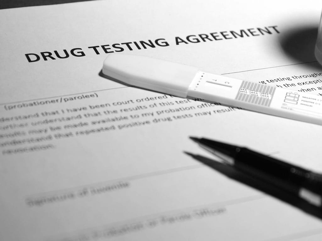 Drug test kit and pen placed on top of a drug testing agreement document