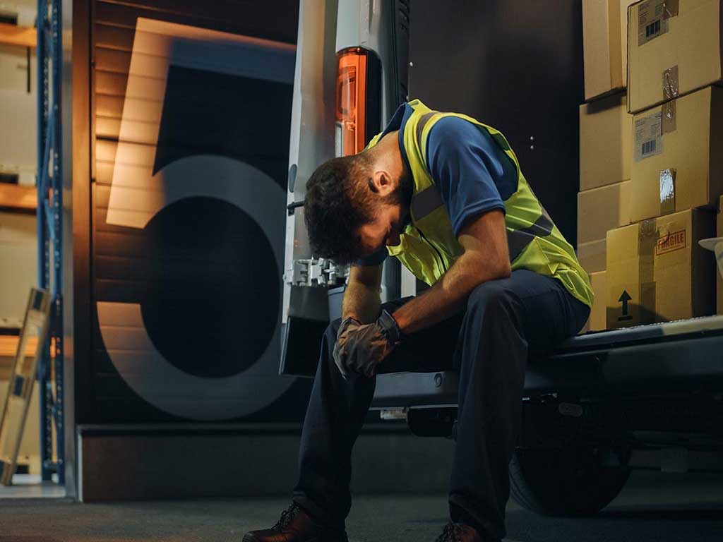 A truck driver sitting while looking troubled